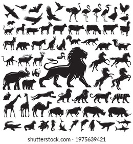 Animals BIG collection black silhouette vector set on a white background. Mammals, birds, reptiles, fish, insects, wild domestic realistic detailed silhouettes of animals all the world icon symbols