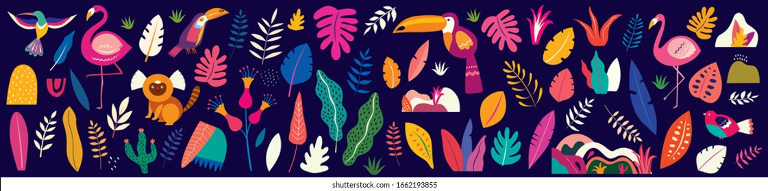 Tiere große Kollektion. Tiere aus Brasilien. Vektorillustration farbige Reihe von Illustrationen mit tropischen Blumen, Blättern, Affen, Flamingo, Anteater und Vögel. Brasilien tropisches Muster. Rio de Janeiro-Muster