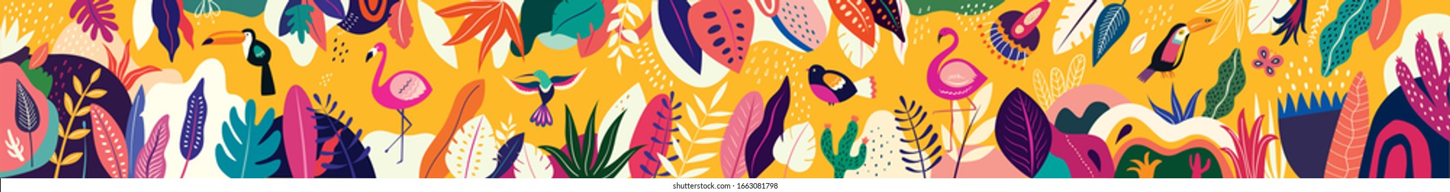 Animals big collection. Animals of Brazil. Vector colorful set of illustrations with tropical flowers, leaves, monkey, flamingo, and birds. Brazil tropical pattern. Rio de janeiro pattern