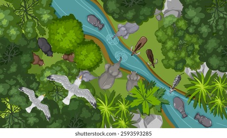 Animals and birds around a flowing river scene