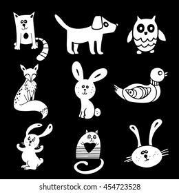Animals, birds. Cat, dog, fox, rabbit, owl, duck. Cartoon white hand drawn set isolated on black board background