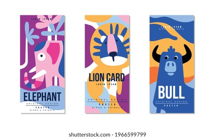 Animals and Birds Colorful Posters Set, Elephant, Lion, Bull Banner, Card, Cover, Broshure Template Design Vector Illustration