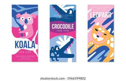 Animals and Birds Colorful Posters Set, Koala, Crocodile, Leopard Banner, Card, Cover, Broshure Template Design Vector Illustration