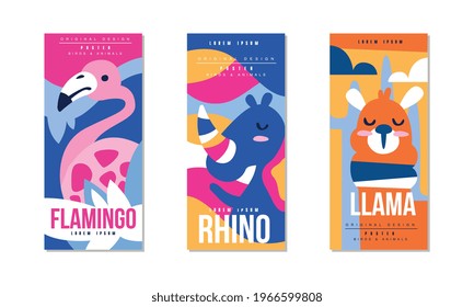 Animals and Birds Colorful Posters Set, Flamingo, Rhino, Llama Banner, Card, Cover, Broshure Template Design Vector Illustration