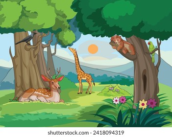 Animals and birds enjoying in the jungle