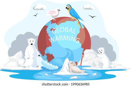 Animals and birds escape climate change and global warming on planet. Animals during global warming concept. Increase in water temperature affects animal kingdom. Greenhouse effect on planet Earth