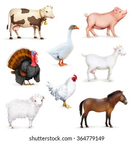 Animals and birds, farm set of vector icons