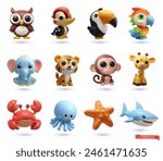 Animals, birds and fish. 3d render cartoon icon set. Owl, woodpecker, toucan, parrot, elephant, tiger, monkey, giraffe, crab, jellyfish, starfish, shark