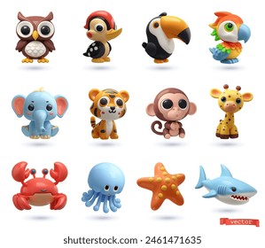 Animals, birds and fish. 3d render cartoon icon set. Owl, woodpecker, toucan, parrot, elephant, tiger, monkey, giraffe, crab, jellyfish, starfish, shark