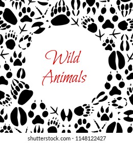 Animals and birds footprints poster for zoo or hunt design. Vector paw tracks of wild bear, fox or wolf and hare, boar or elk and deer hoof imprints or crow and sparrow claws