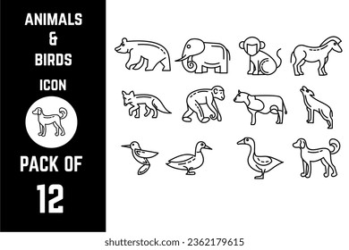 Animals and birds icon pack bundle lineart vector template