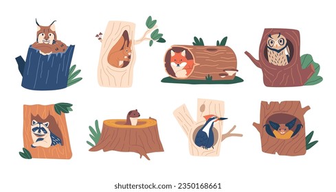 Animals And Birds Living In Hollows. Lynx, Squirrel, Fox And Owl. Raccoon, Ferret, Woodpecker And Bat