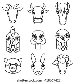 Animals and birds living on the farm: cow, goat, horse, pig, sheep, hare, cock, goose, Turkey