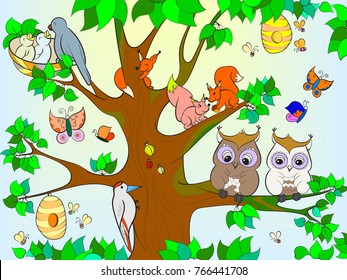 Animals and birds living on the tree coloring for children cartoon vector illustration. Colored