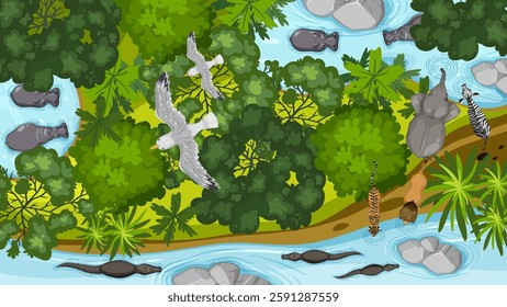 Animals and birds in a lush jungle landscape