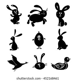 Animals, birds. Rabbit, owl, duck, chicken, swan. Cartoon black hand drawn set isolated on white background
