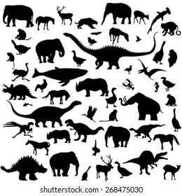 Animals and birds silhouettes for design over white background