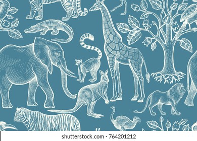 Animals, birds of wild world and trees seamless pattern. Vintage background. Vector illustration art. Hand drawing. Blue and white. For design paper, wallpaper, textiles, fabrics, clothes, interior