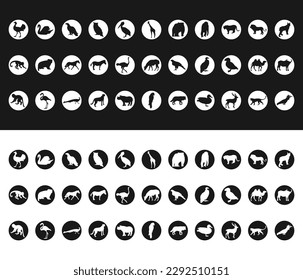 Animals and birds zoo. A set of isolated icons, a black-and-white logo on a white-and-black background