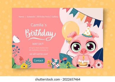 Animals birthday invitation card. Baby birth day event banner template design. Surprise party cute theme. Children invite friends art frame. Fun celebration decoration poster. Vector illustration.