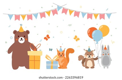 Animals birthday party. Bear and squirrel with gift boxes and hares with balloon under colorful flags. Festival and holiday, event. Design for greeting postcard. Cartoon flat vector illustration