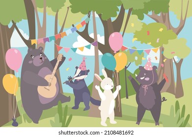 Animals at birthday party concept background. Cute pets studying celebrate and having fan at forest. Bear playing guitar, rabbit, badger and boar are dance. Vector illustration in flat cartoon design