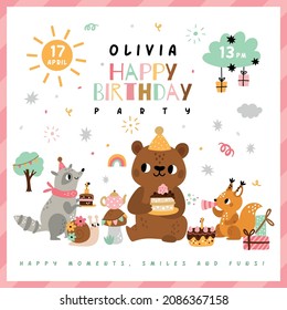 Afiche de la fiesta de cumpleaños de los animales. Invitación de los niños de vacaciones con adorables personajes del bosque. Raccoon adorable, oso con tarta, ardilla divertida, tarjeta de fiesta infantil, dibujo vectorial