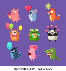 Animals At Birthday Party Set Of Flat Bright Color Childish Cartoon Design Vector Illustrations Isolated On Violet Background