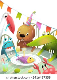 Animals birthday party at the table. Beaver frog and a bird celebrating at home. Fun scene for kids invitation or greeting card cartoon. Isolated on white vector illustration for children.