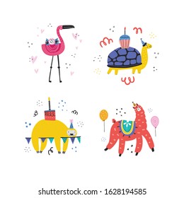 Animals at birthday party vector illustrations set