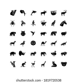 Animals black glyph icons set on white space. Different wildlife, diverse fauna silhouette symbols. Common and exotic animal species. Flying, land and sea creatures. Vector isolated illustrations