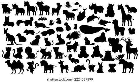 Animals black silhouettes. African savannah and fauna. Elegance and aesthetics, beauty. Rhinoceros, lion, bear, camel and monkey. Cartoon flat vector illustrations isolated on white background