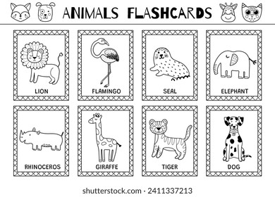 Animals black and white flashcards collection for kids. Flash cards set with cute characters for coloring in outline. Lion, flamingo, elephant and more. Vector illustration