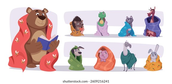Animals with blankets. Cartoon characters in cozy plaids exact vector animals collection