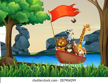 Animals in boat floating on the river