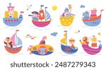 Animals boating. Cute animal sailor travel on submarine ship boat and yacht. Pirate captain, sailing characters in costumes. Nowaday vector childish set