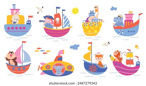 Animals boating. Cute animal sailor travel on submarine ship boat and yacht. Pirate captain, sailing characters in costumes. Nowaday vector childish set