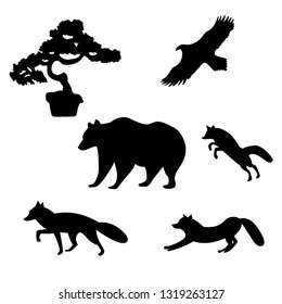 Animals and bonsai black and white silhouette hand drawn vector image
