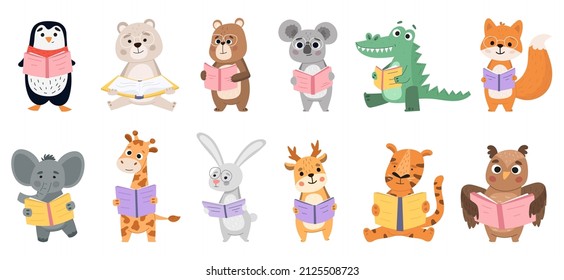 Animals book lovers, reading fox, bear and rabbit. Smart animals learn by reading books vector illustration set. Animals like to read books. Cartoon adorable characters studying isolated