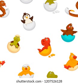 Animals born from eggs, eggshells and reptiles seamless pattern vector.