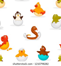 Animals born from eggs, eggshells and reptiles seamless pattern vector.