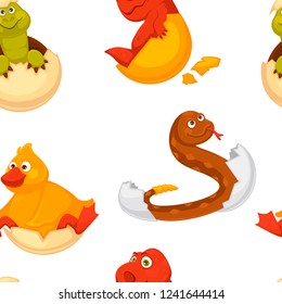 Animals born from eggs, eggshells and reptiles seamless pattern vector.