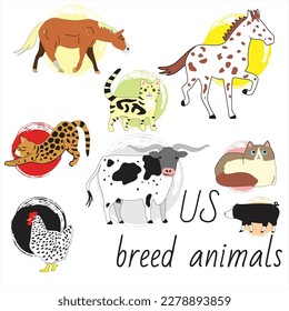 animals animals bred in USA, cute domestic animal doodle set