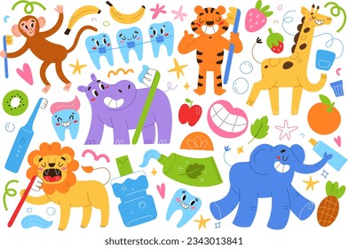 Animals brush teeth with toothpaste, dental care illustrations for children, floss, mouthwash and fruit tooth paste, oral care stickers, cute lion, giraffe and elephant, orthodontic braces, vector art