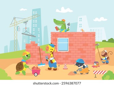 Animals builders working. Animal in helmet on construction ground. Turtle giraffe mole monkey and crocodile build together. Building nowaday vector scene