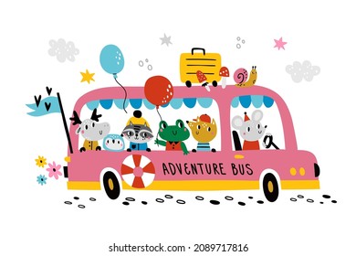 Animals Bus. Cute Woodland Creatures In Big Autobus, Little Travelers, Mouse Driver, Cartoon Friends Adventures, Fun Ride. Nursery Decor Vector Cartoon Doodle Style