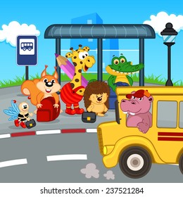 animals at bus stop waiting school bus - vector illustration, eps