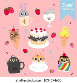 Animals cafe ,cute little animal set in coffee cup ,waffle cone , ice cream cone and cup.