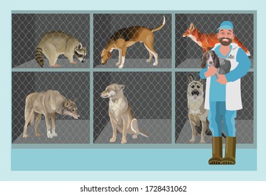 Animals in a cage behind a wire mesh and man with dog. Vector illustration isolated 