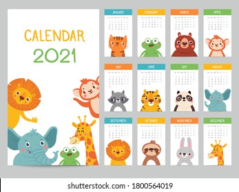 Animals calendar 2021. Cute monthly calendar with different animals, funny woodland and savanna characters, childrens poster vector almanac. Lion and elephant, monkey and giraffe, frog and raccoon